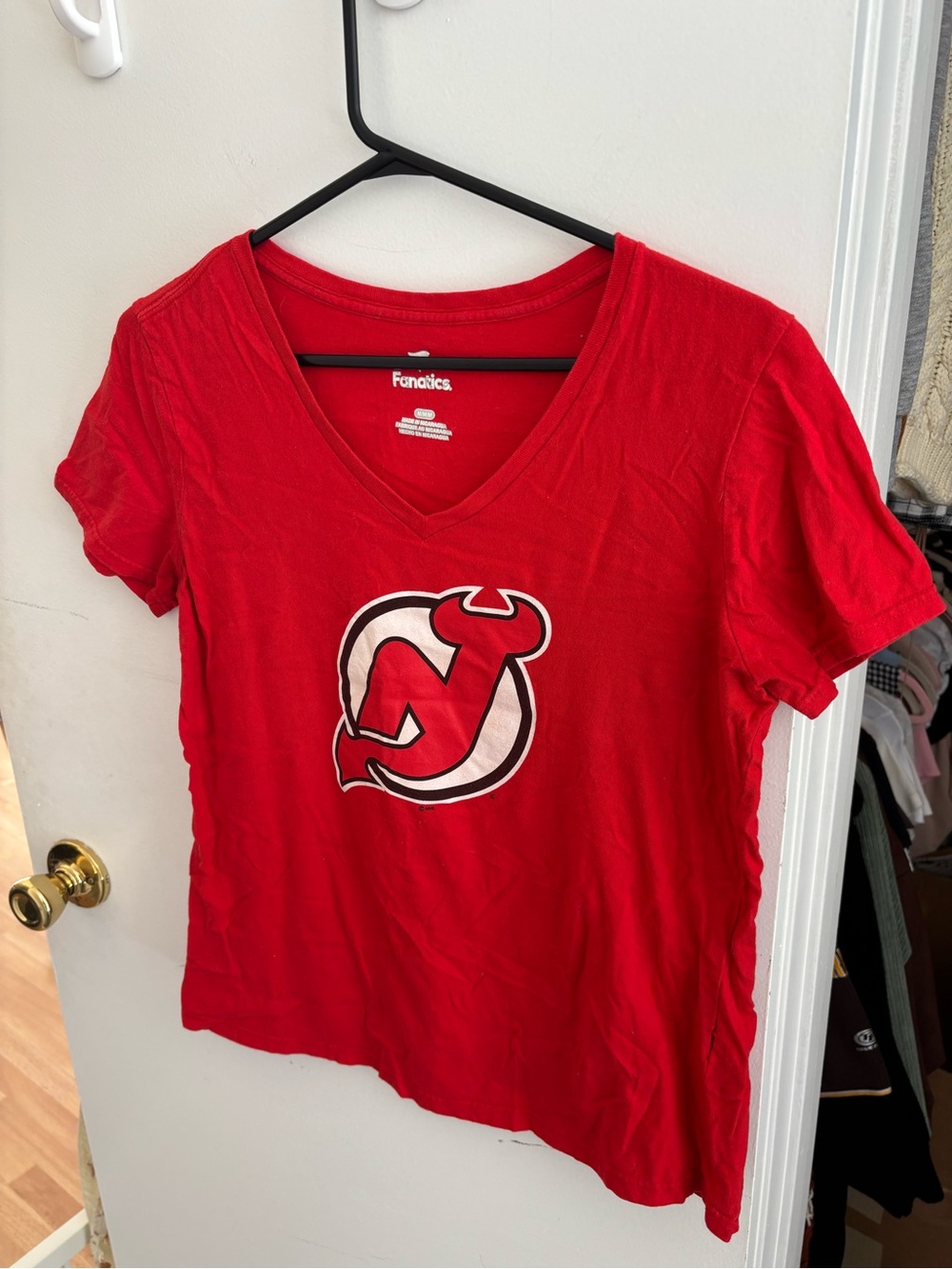 Fanatics Red V-Neck Devils Logo Tee for Women